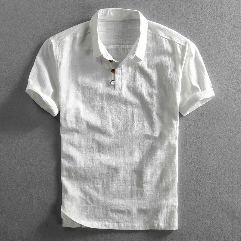Herre Kortærmet Linned Look Polo Shirt med Knaplukning