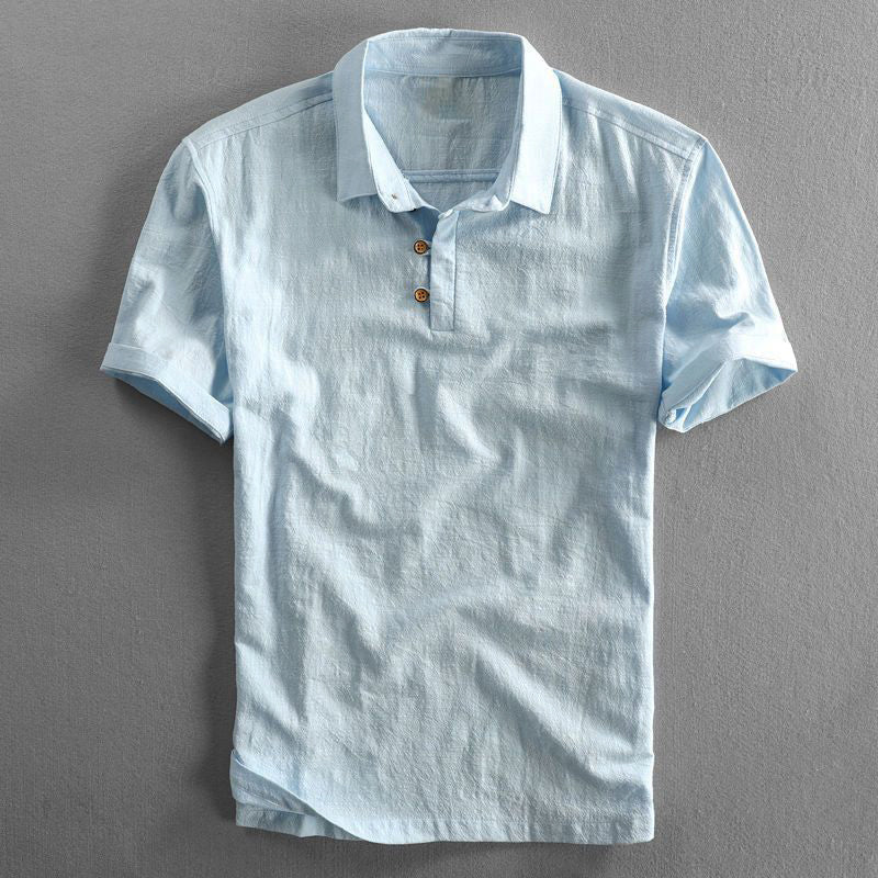 Herre Kortærmet Linned Look Polo Shirt med Knaplukning