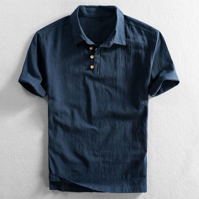 Herre Kortærmet Linned Look Polo Shirt med Knaplukning