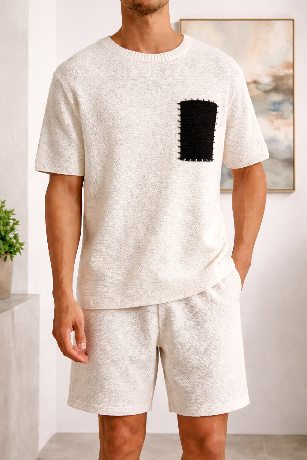 Mænds tekstureret strik T-shirt med kort ærme og kontrastlomme