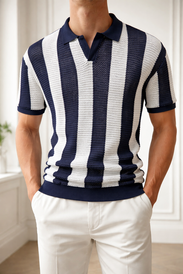 Herre Textured Knit Polo Shirt med Vertikal Stribe Design
