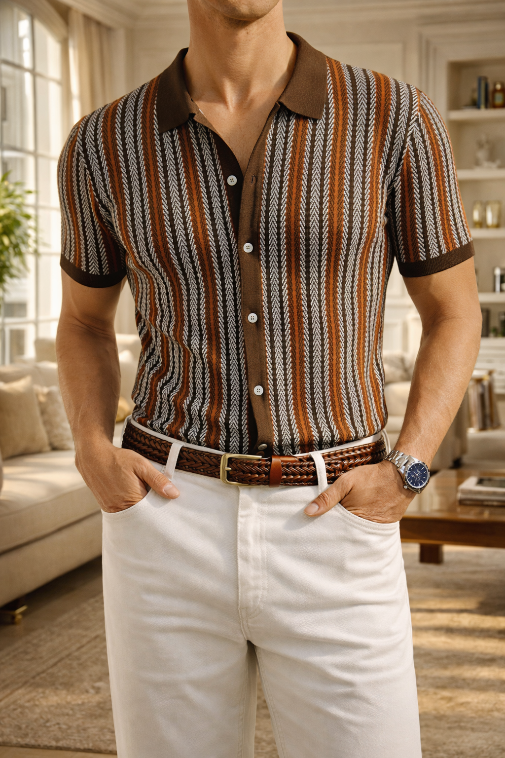 Mænds Mønstret Strikket Knappet Polo T-shirt Smart Casual Sommerstil