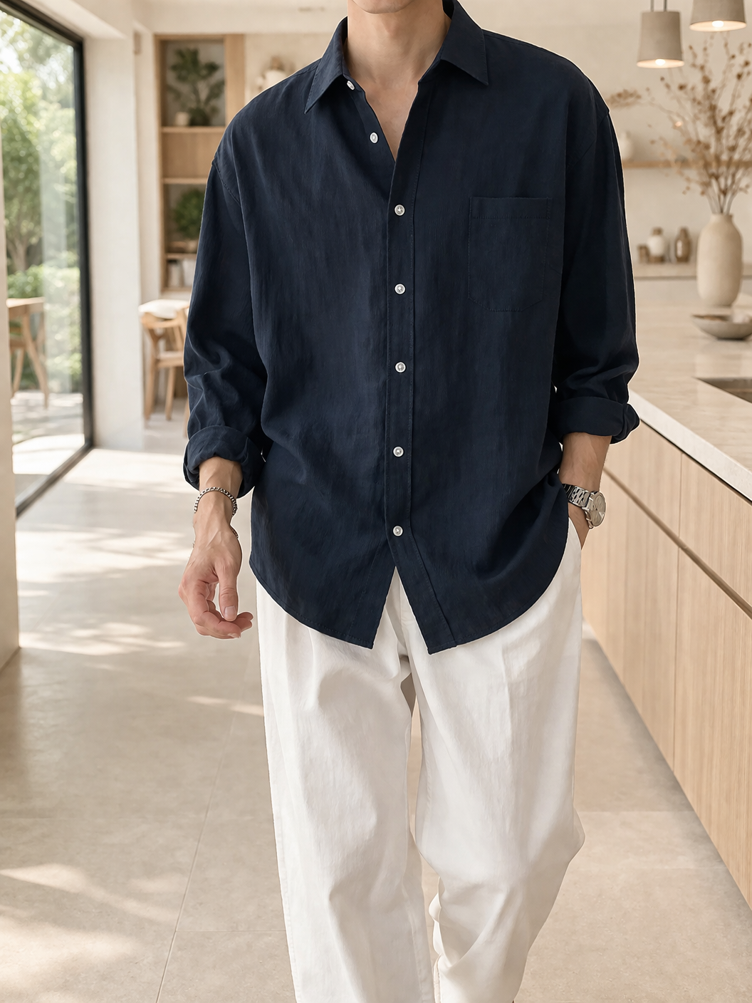 Herre Linned Blend Langærmet Skjorte Casual Knap Front