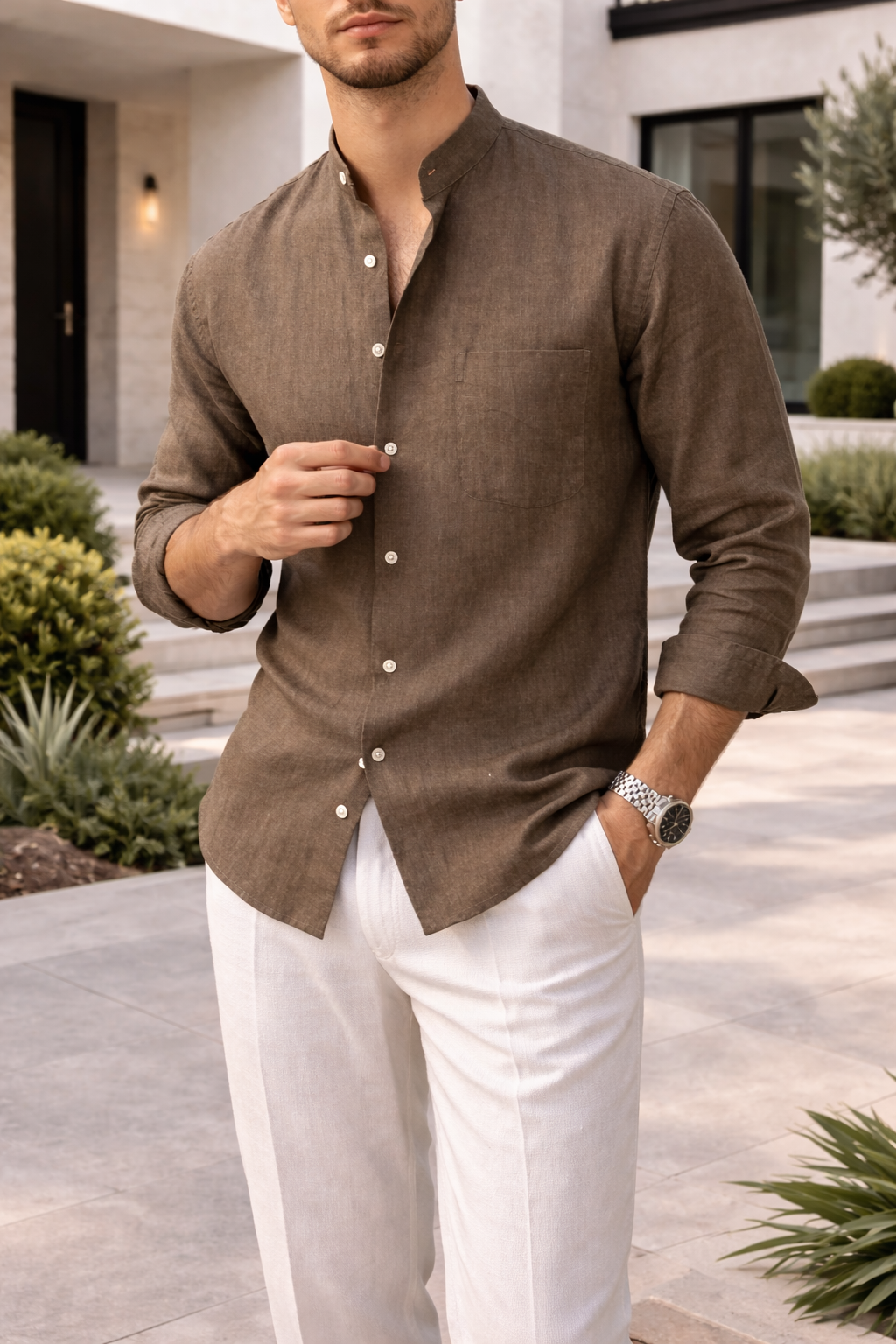 Herre Grandad Krave Linned Blend Casual Skjorte
