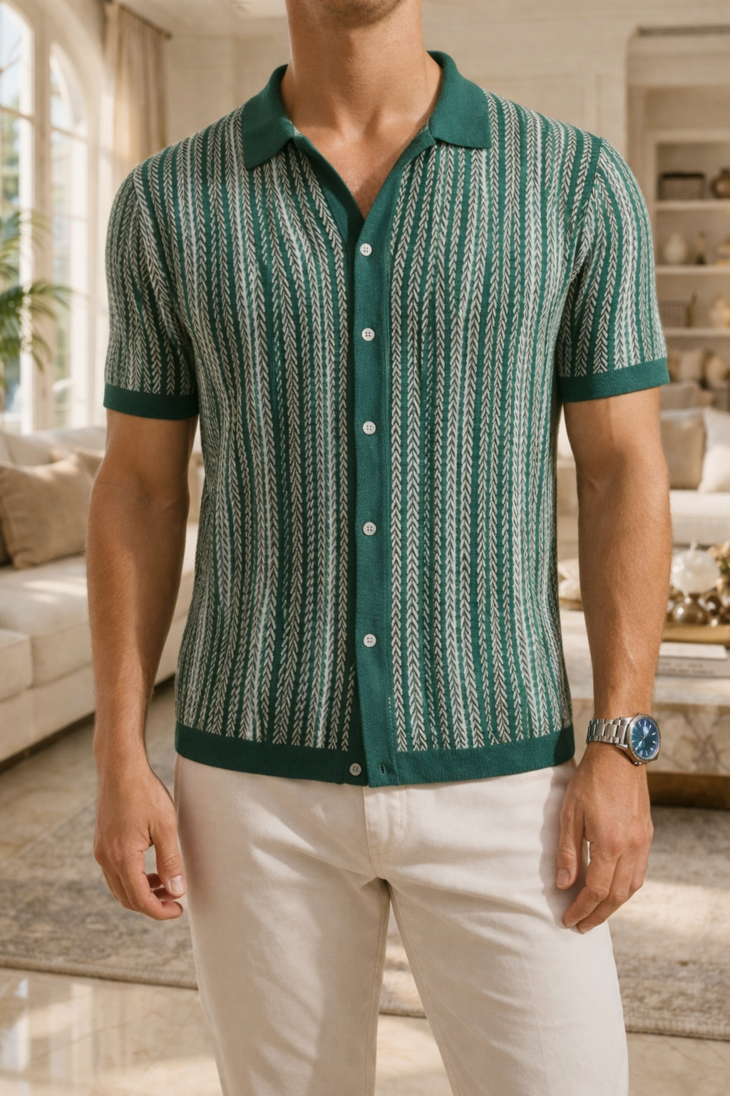 Mænds Mønstret Strik Button-Up Polo Skjorte Smart Casual Sommer Stil