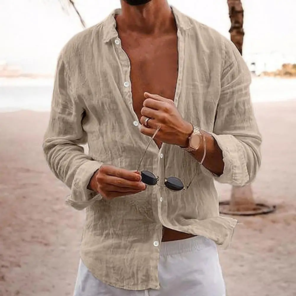Herres langærmet linned sommer casual strand skjorte