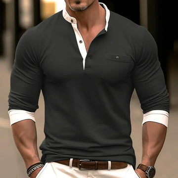 Herre Langærmet Henley Polo T-shirt med Kontrastkrave