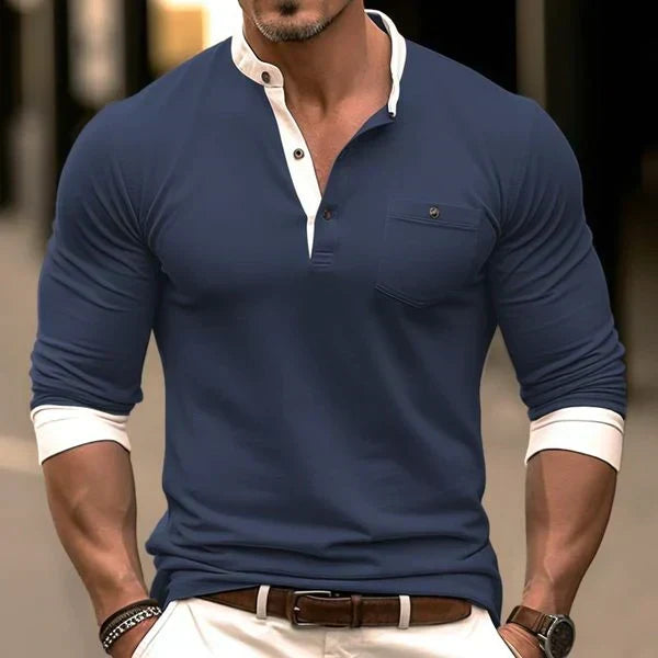 Herre Langærmet Henley Polo T-shirt med Kontrastkrave