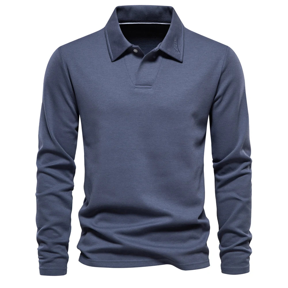 Herre Langærmet Strikket Polo T-Shirt – Forfinet Åben Krave Top til Kontor og Smart Casual Brug