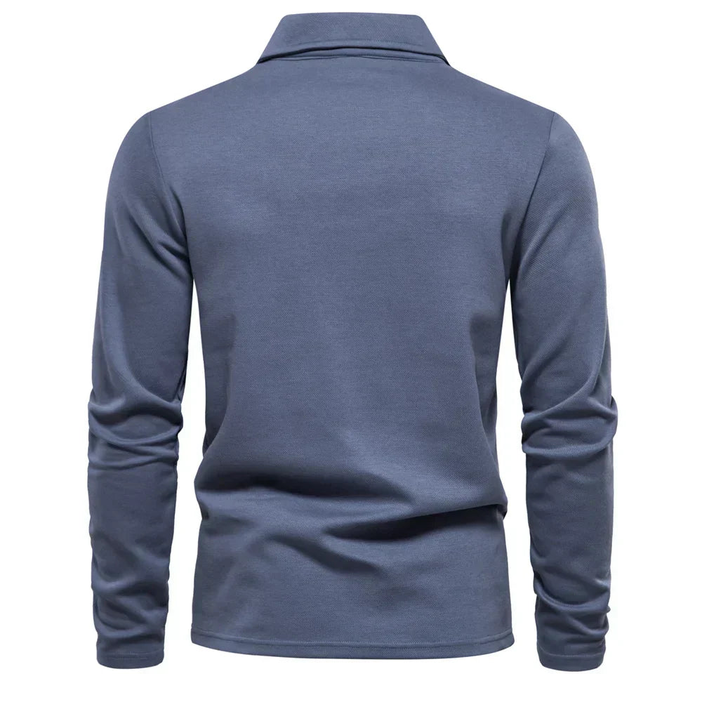 Herre Langærmet Strik Polo T-shirt – Raffineret Åben Krave Top til Kontor og Smart Casual Brug