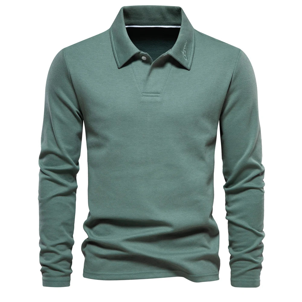 Herre Langærmet Strikket Polo T-Shirt – Forfinet Åben Krave Top til Kontor og Smart Casual Brug