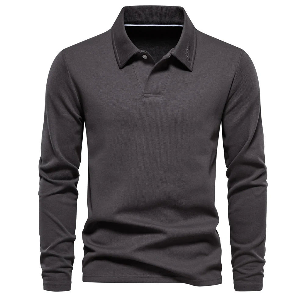 Herre Langærmet Strikket Polo T-shirt – Raffineret Åben Krave Top til Kontor og Smart Casual Brug