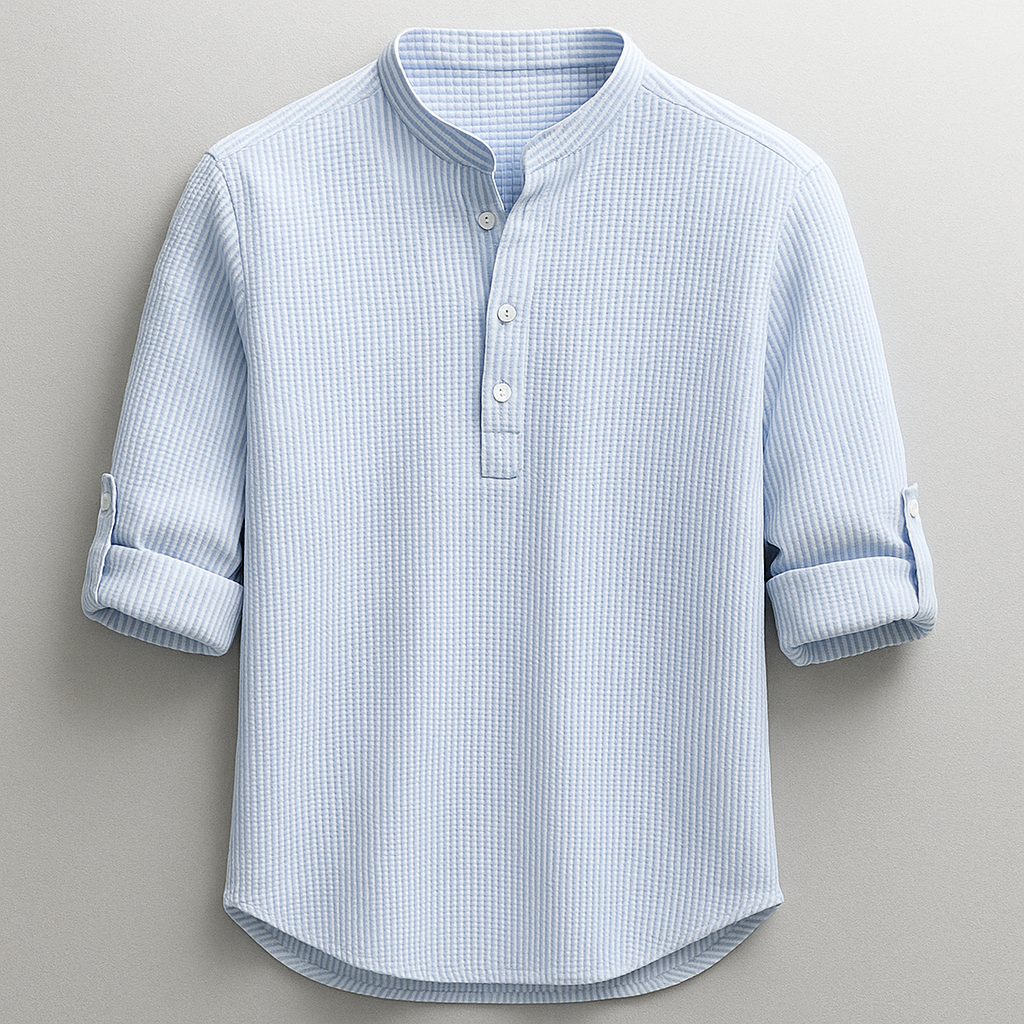 Herre Cotton Grandad Krave Skjorte – Tekstureret Halv-Knap Stil med Rulle-Tab Ærmer til Smart Casual Brug