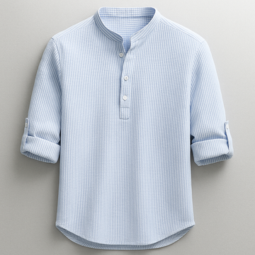 Herre’s Cotton Grandad Krave Skjorte – Tekstureret Halv-Knap Stil med Rulle-Tab Ærmer til Smart Casual Brug