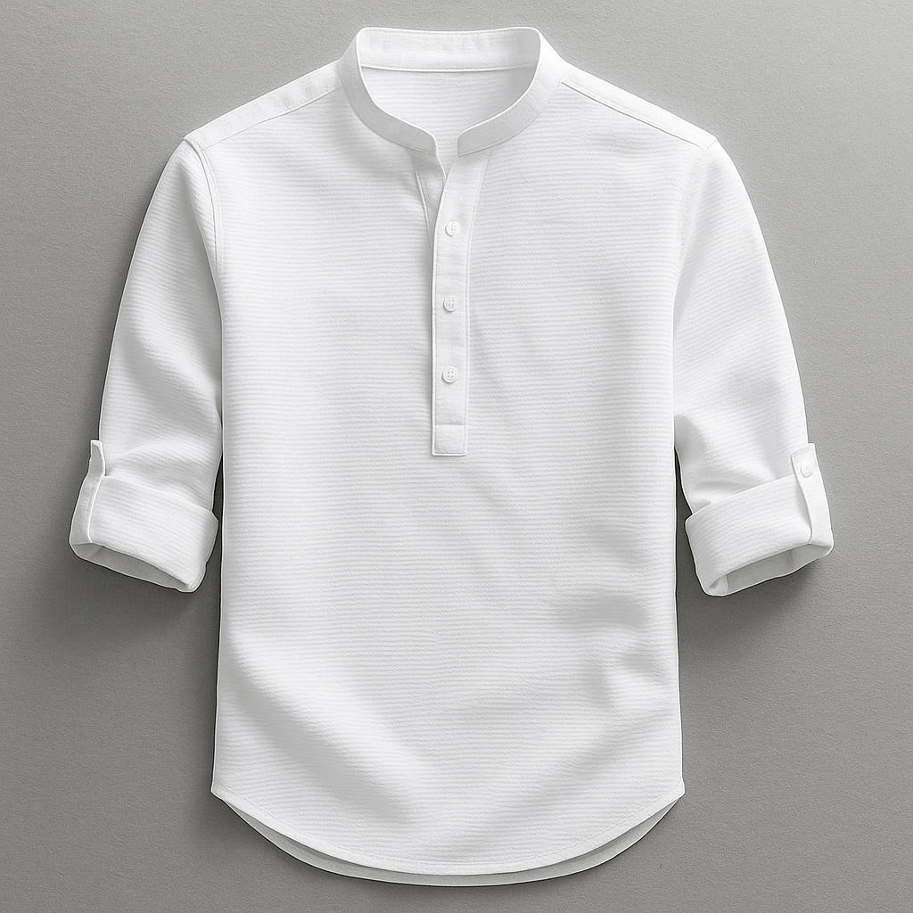 Herre Cotton Grandad Krave Skjorte – Tekstureret Halv-Knap Stil med Rulle-Tab Ærmer til Smart Casual Brug