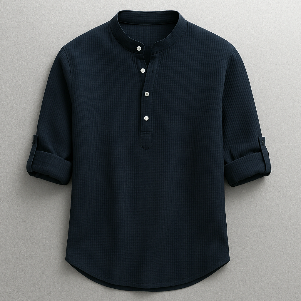 Herre Cotton Grandad Krave Skjorte – Tekstureret Halv-Knap Stil med Rulle-Tab Ærmer til Smart Casual Brug