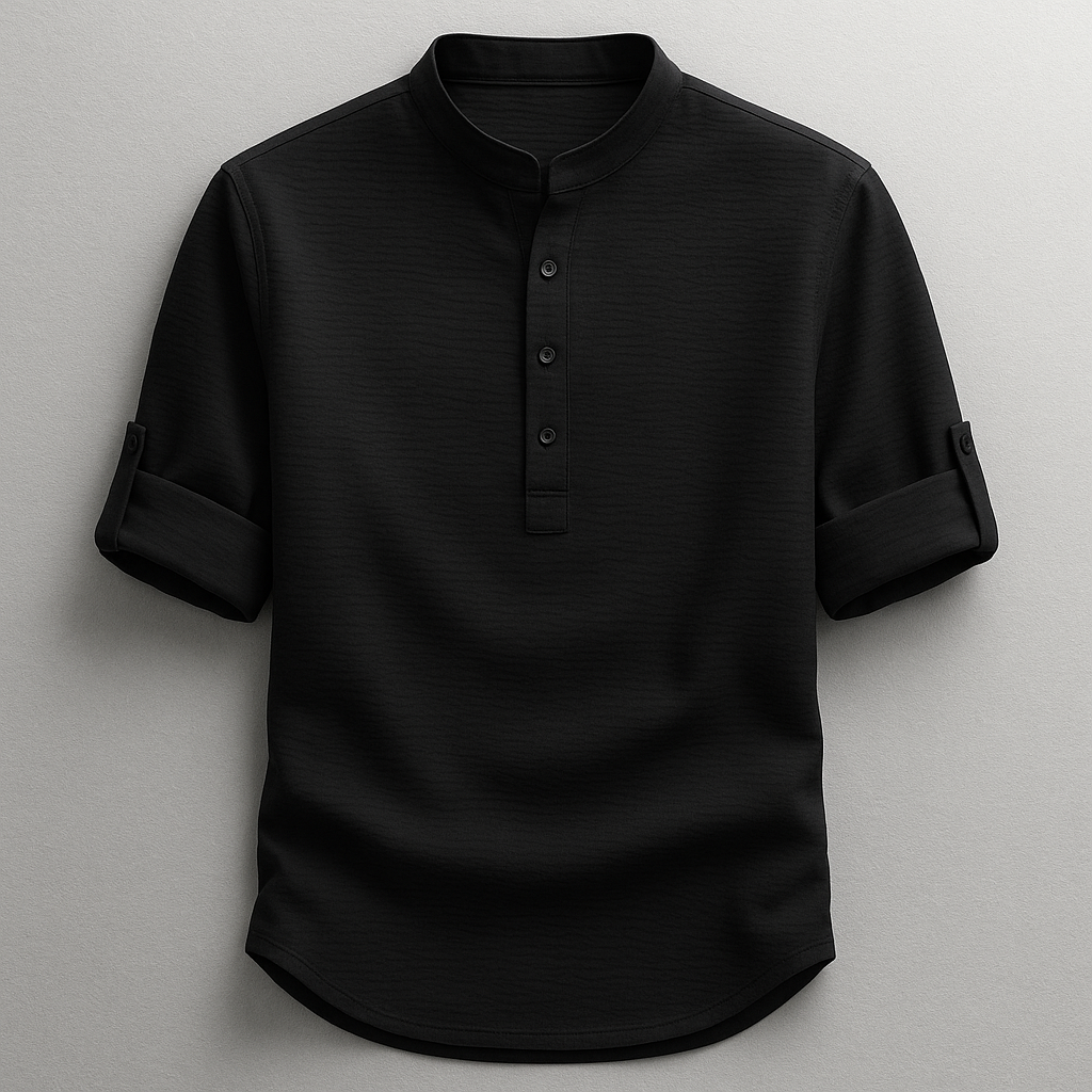 Herre Cotton Grandad Krave Skjorte – Tekstureret Halv-Knap Stil med Rulle-Tab Ærmer til Smart Casual Brug