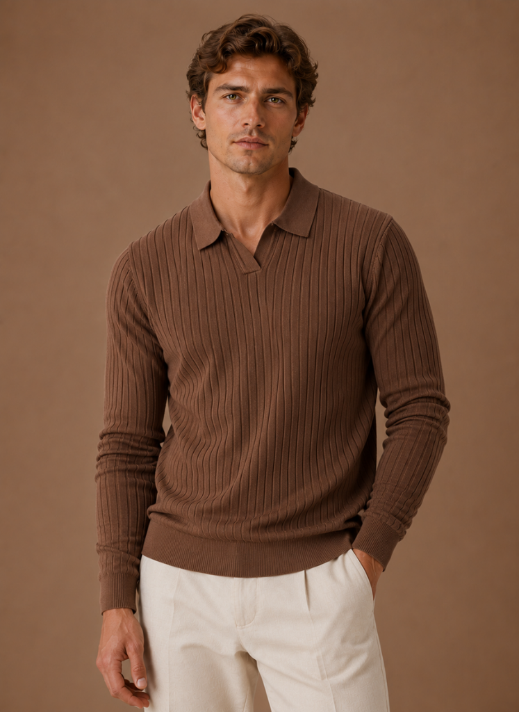 Herre Ribbet Strik Polo Sweater Smart Casual Pullover | Areleon