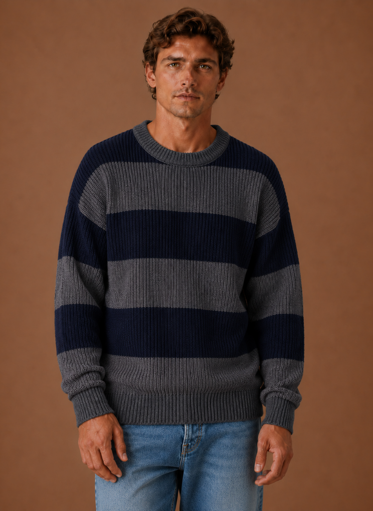 Herre Stribet Strik Sweater – Crew Neck Pullover | Areleon
