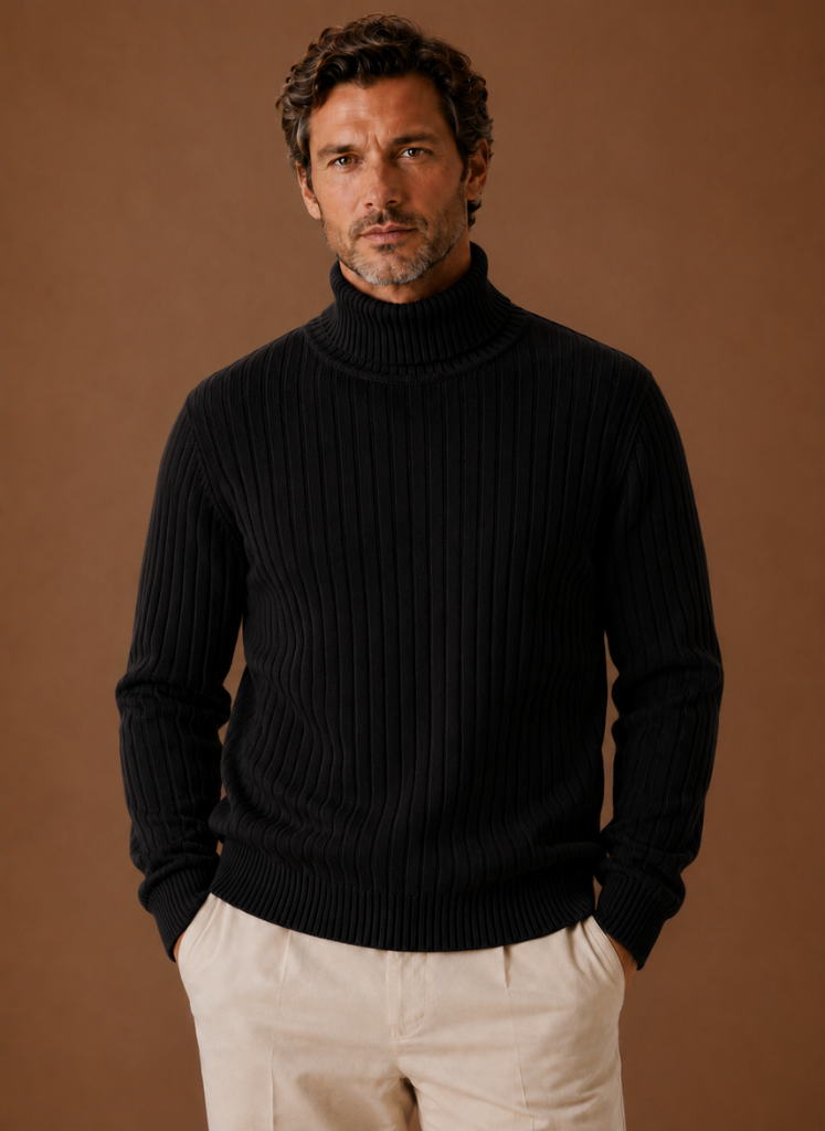 Herre Ribbede Turtleneck Sweater Blød Pullover | Areleon