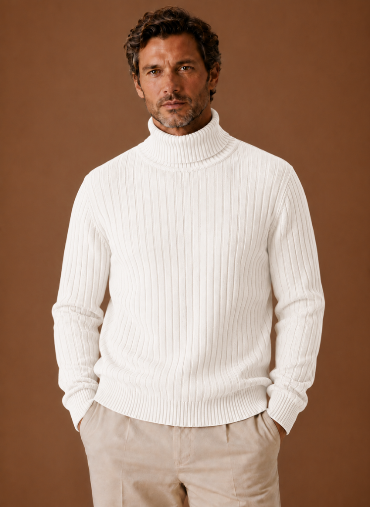 Herre Ribbede Turtleneck Sweater Blød Pullover | Areleon