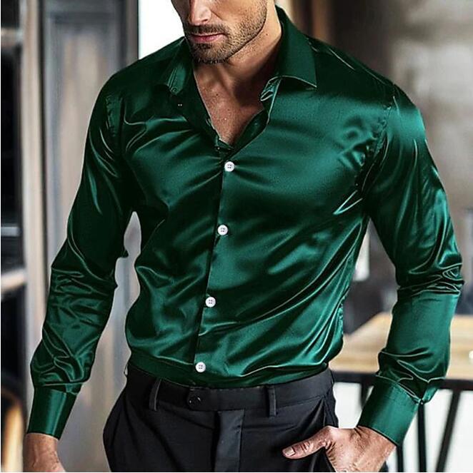 Herre Satin Knap-Op Skjorte – Slim-Fit Langærmet Skjorte med Kontrastknapper til Aften- og Formelle Anledninger