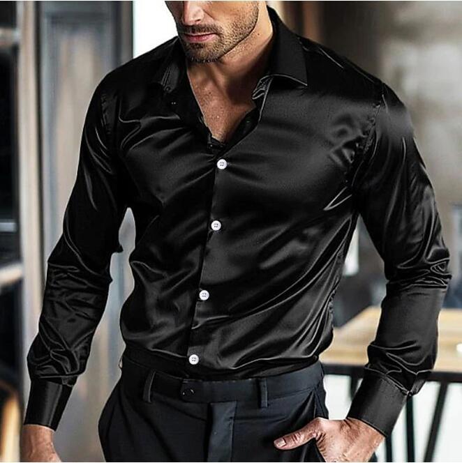 Herresatin Button-Up Skjorte – Slim-Fit Langærmet Skjorte med Kontrastknapper til Aften- og Festtøj
