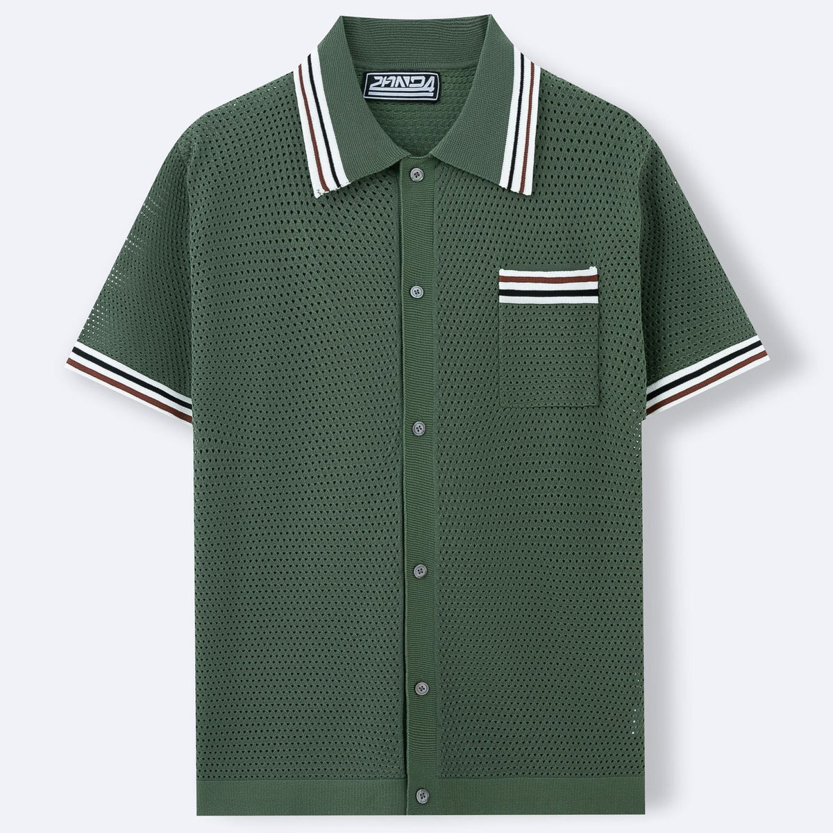 Herre Textured Knit Polo Shirt med Stribet Kant og Knappelukning