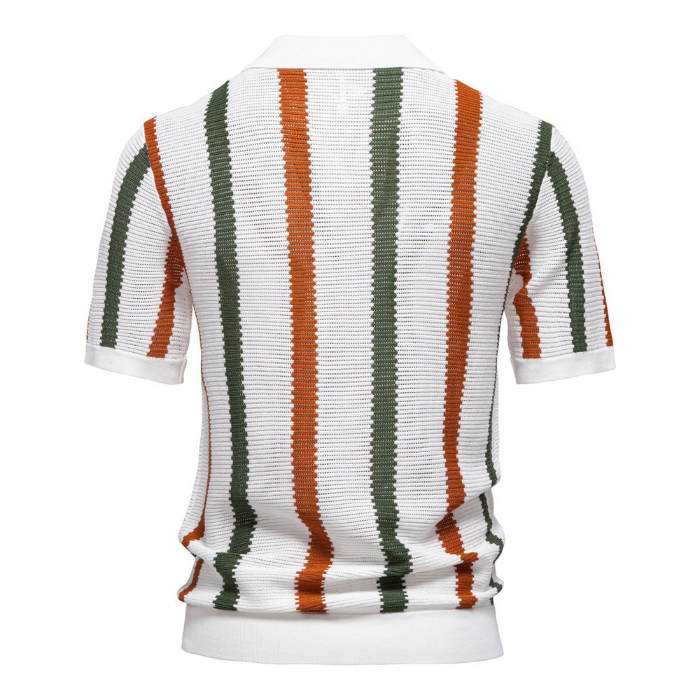 Herre Strikket Polo T-Shirt Med Lodrette Striber Åben Krave