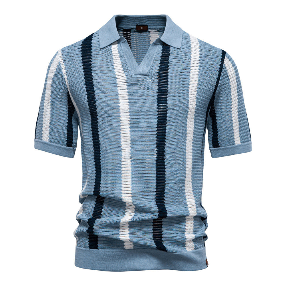 Herre Strikket Polo T-shirt med Lodrette Striber og Åben Krave