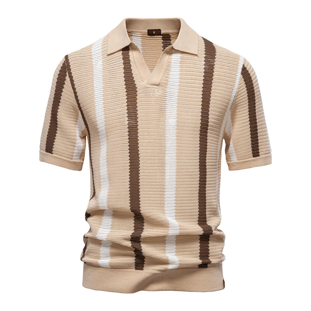 Herre Strikket Polo T-shirt med Lodrette Striber og Åben Krave