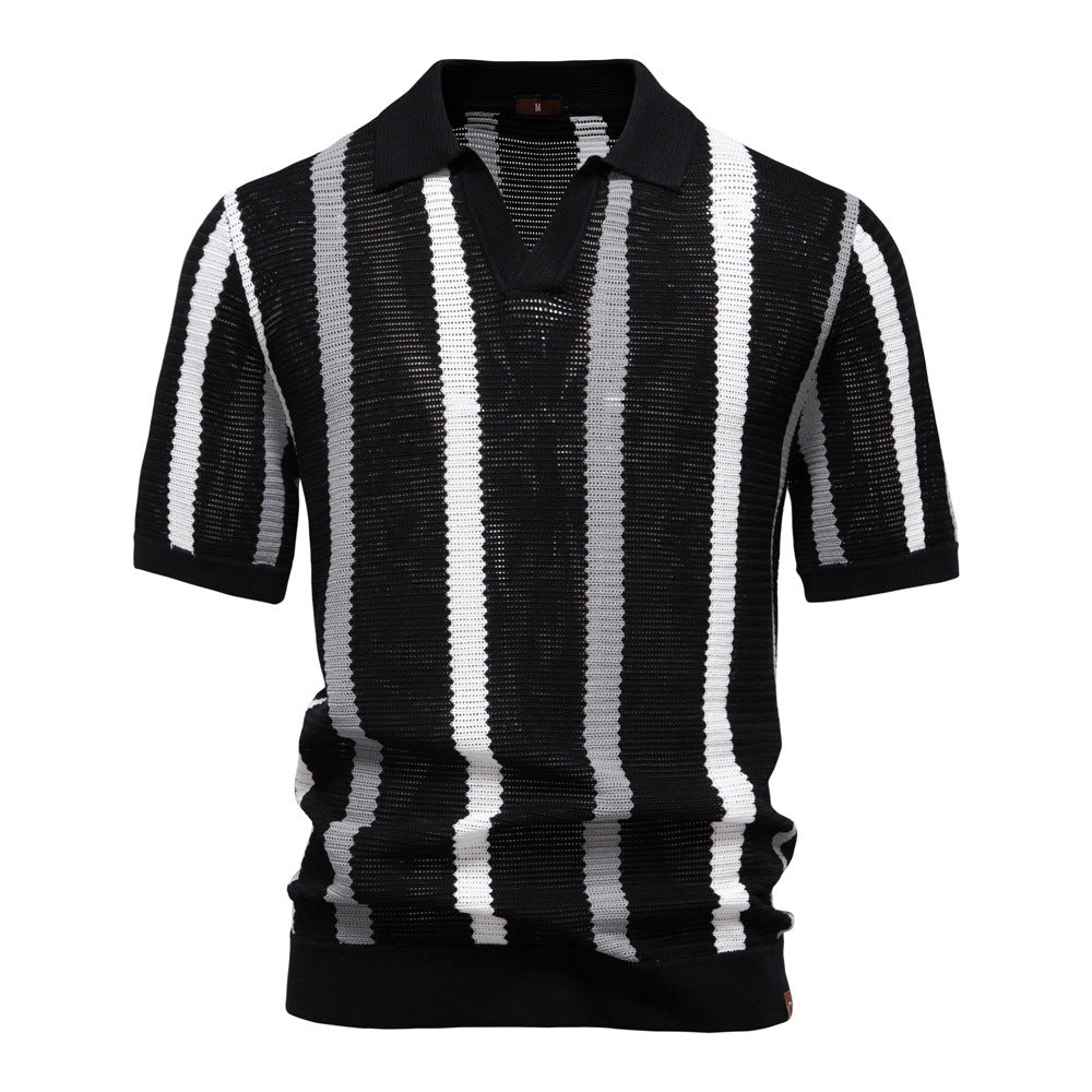 Herre Strikket Polo T-Shirt Med Lodrette Striber Åben Krave
