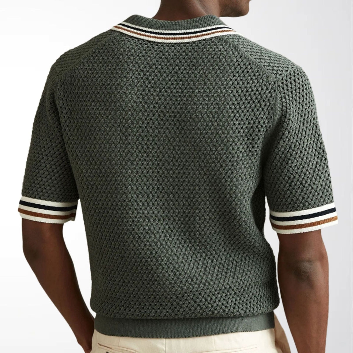 Herre Struktureret Strik Polo Shirt med Stribet Kant og Knaplukning