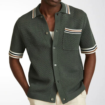 Herre Textured Knit Polo Shirt med Stribet Kant og Knappelukning