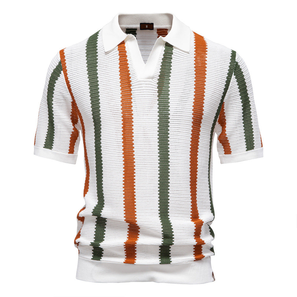 Herre Strikket Polo T-shirt med Lodrette Striber og Åben Krave
