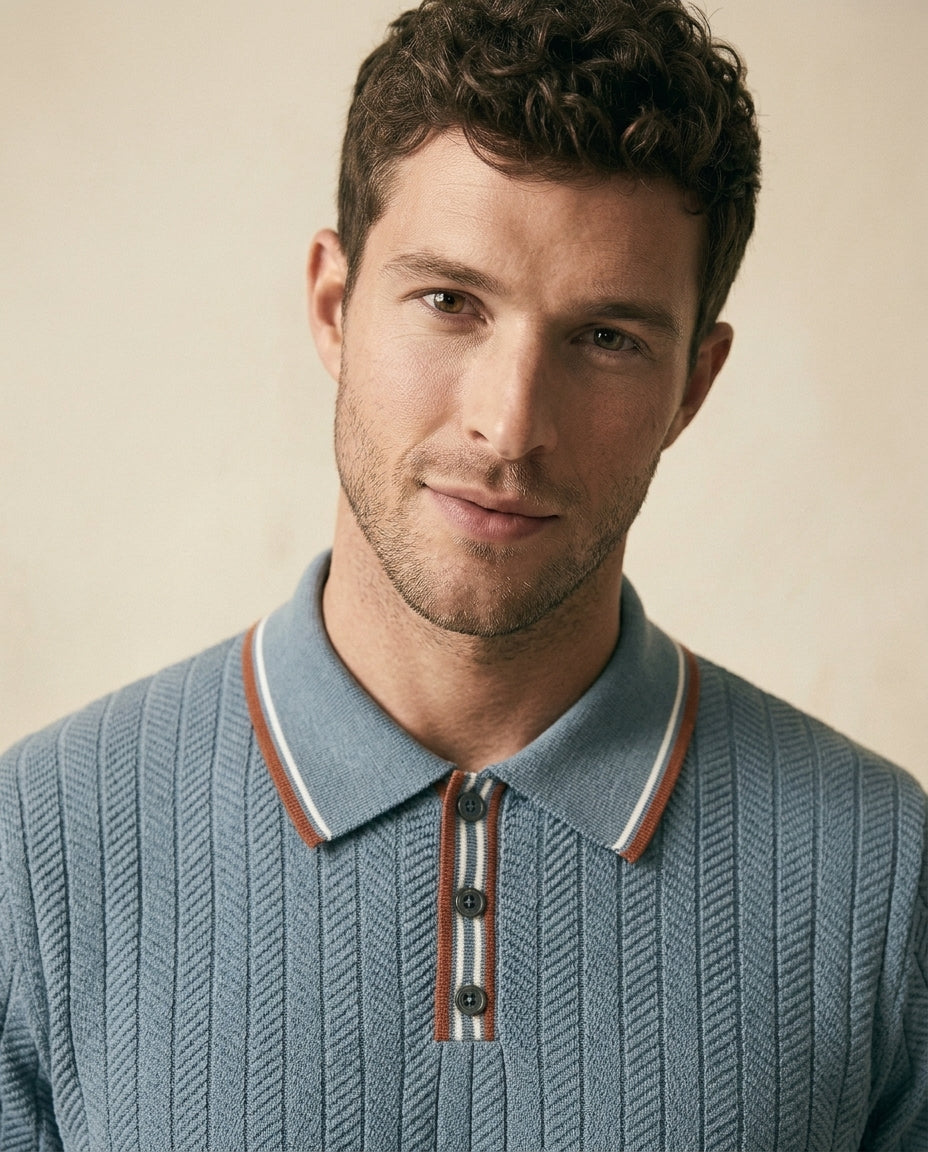 Herringbone Strikket Polo Med Åben Krave
