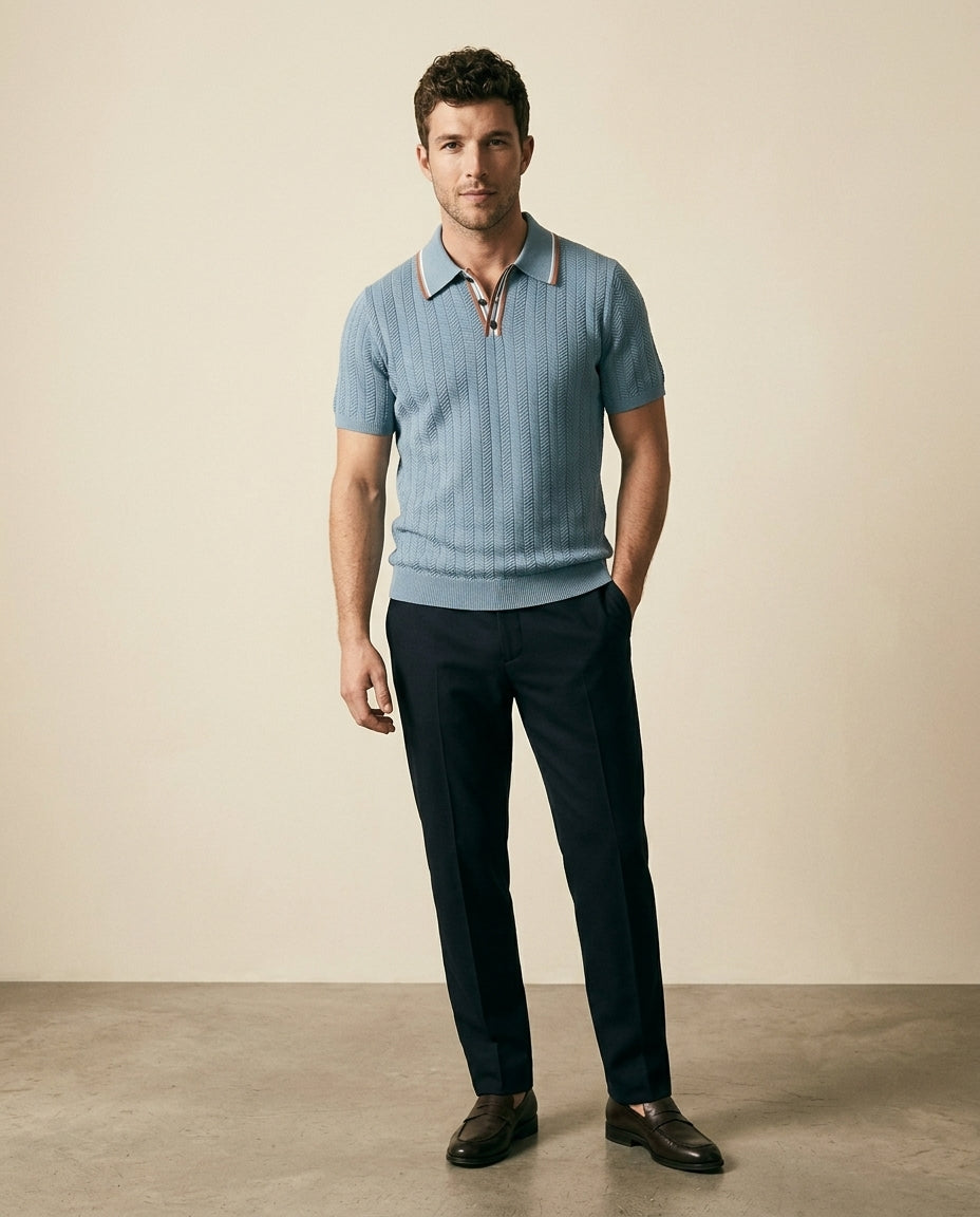 Herringbone Strikket Polo Med Åben Krave