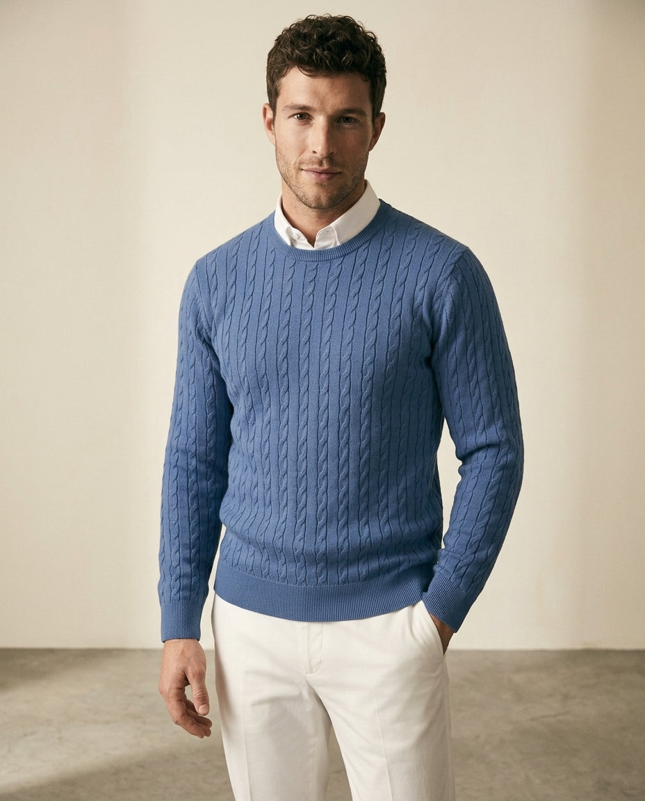 Kabelstrik Crewneck Sweater Stålblå