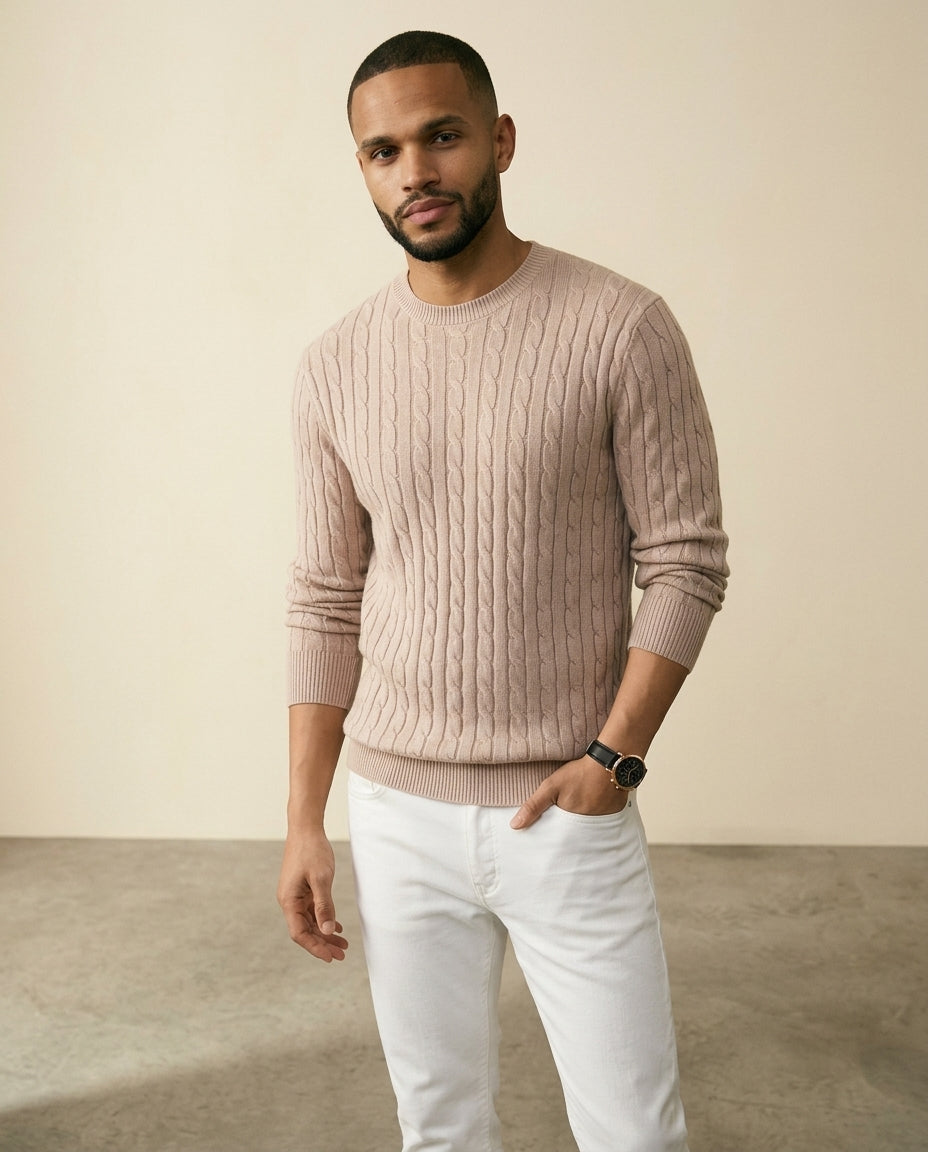 Kabelstrikket Crewneck Sweater Taupe