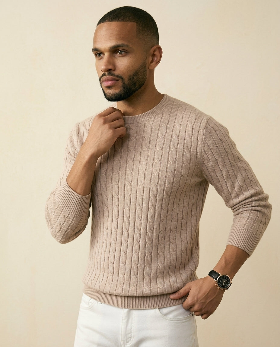 Kabelstrikket Crewneck Sweater Taupe