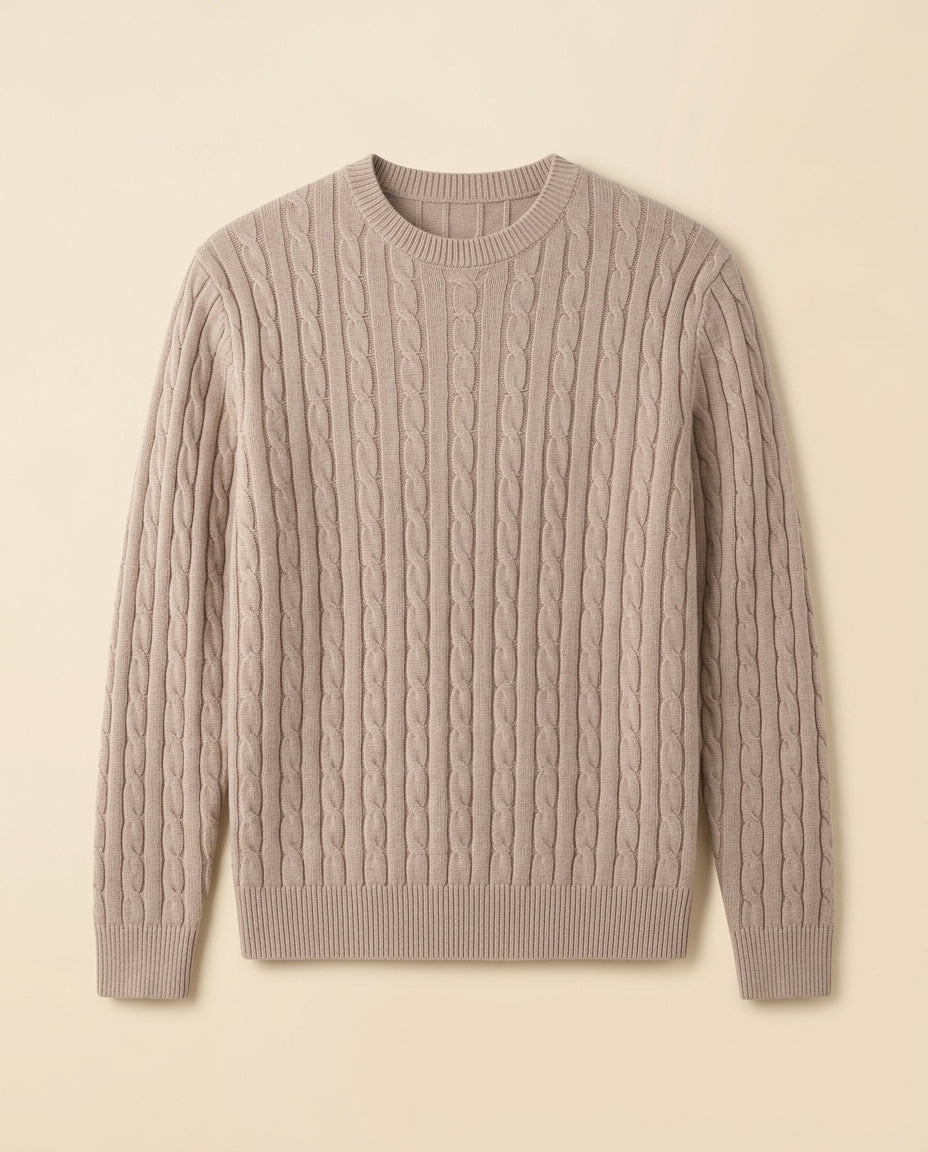 Kabelstrikket Crewneck Sweater Taupe