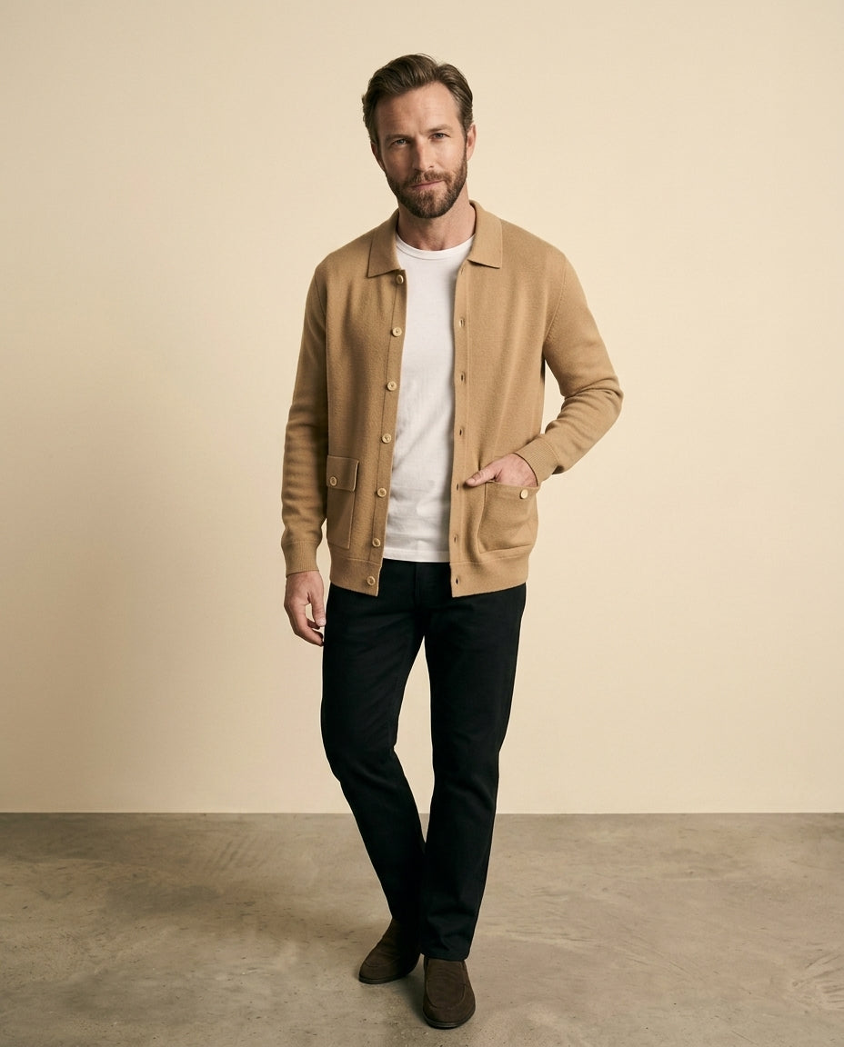 Strikket Cardigan Skjorte Jakke Kamel