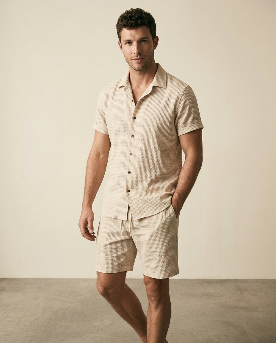 Vaffeltekstur Skjorte & Shorts Sæt