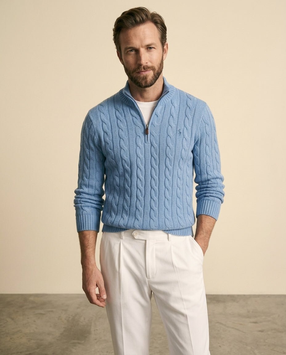 Kabelstrik Zip & Hvide Chino Sæt Blå