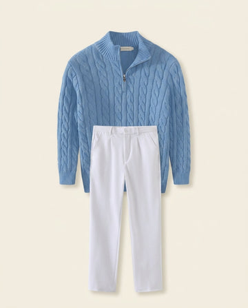 Kabelstrik Zip & Hvide Chino Sæt Blå