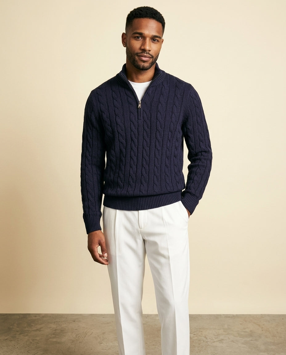 Kabelstrik Zip & Hvid Chino Sæt Navy