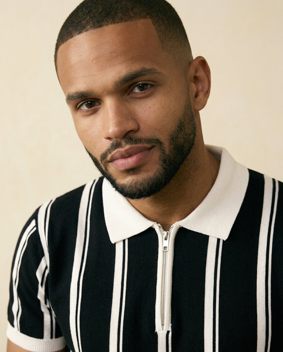 Stripe Zip Polo Shirt Sort Hvid