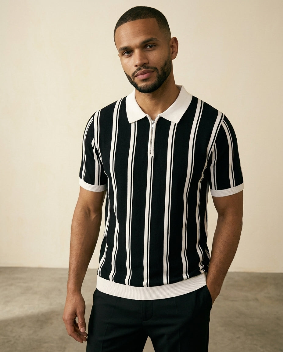 Stripe Zip Polo Shirt Sort Hvid