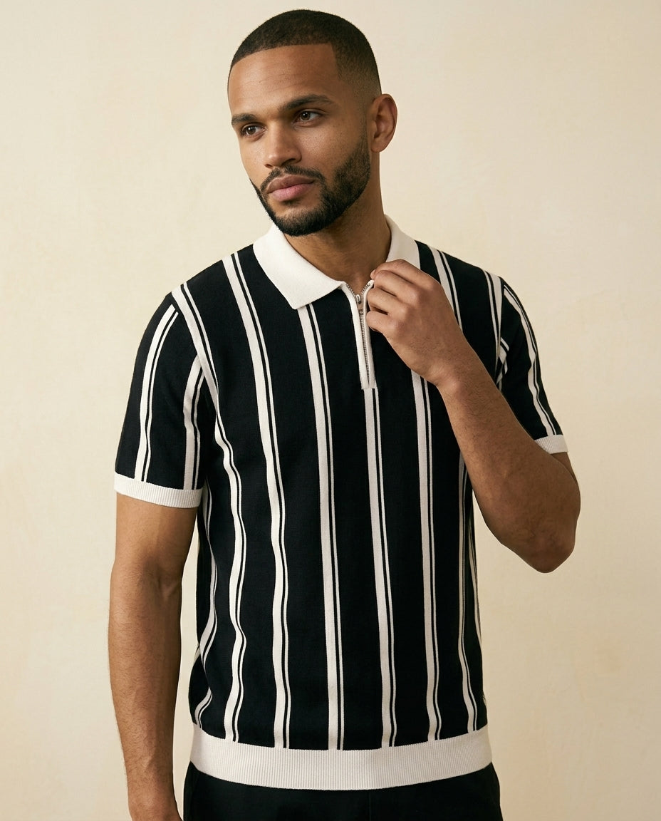 Stripe Zip Polo Shirt Sort Hvid