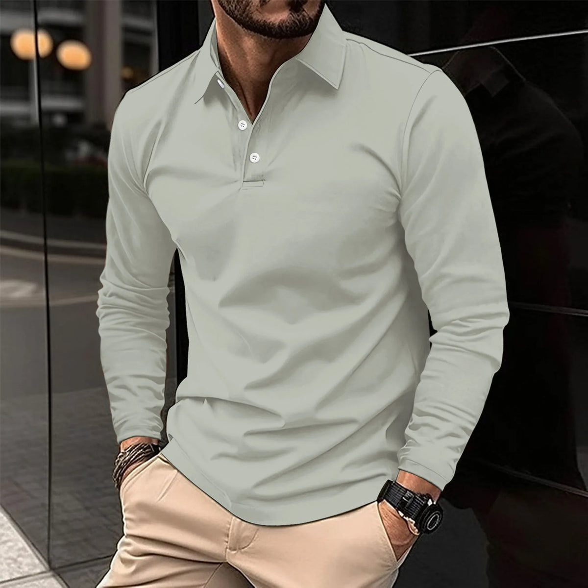 Herreslim-fit langærmet polo - Blødt smart casual top til kontor og aftenbrug